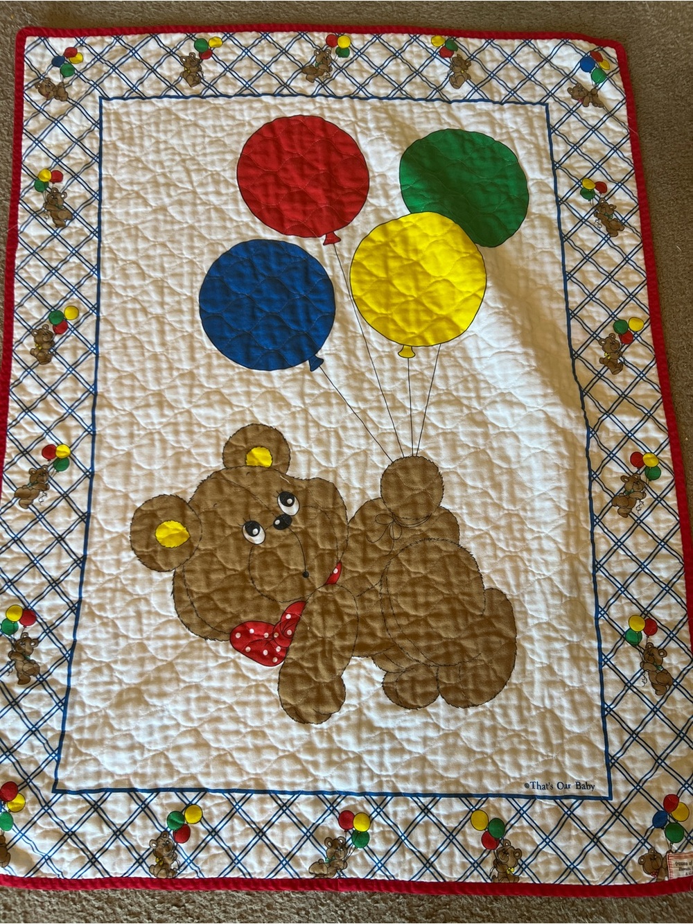 Teddy Bear Balloon Baby Quilt in Red, Blue, Yellow, Green, Brown